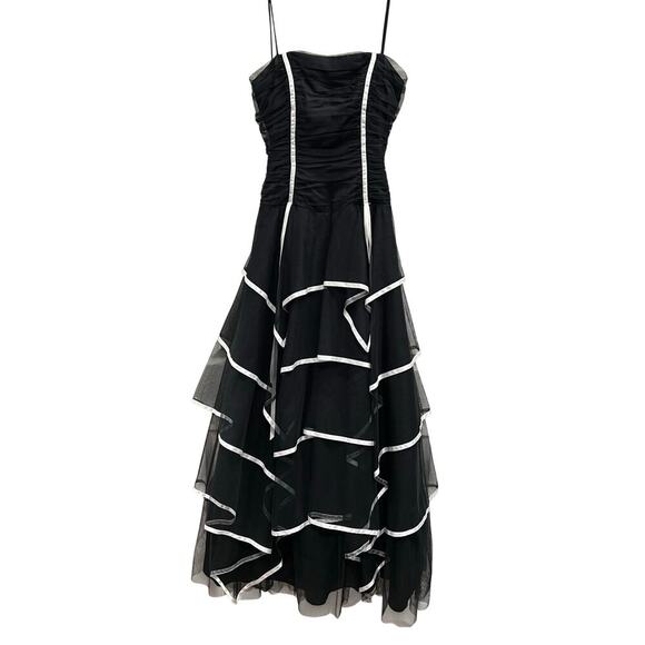 Blondie Nites VTG black white formal dress ruched bodice tier tulle skirt sz 3 - Picture 3 of 14